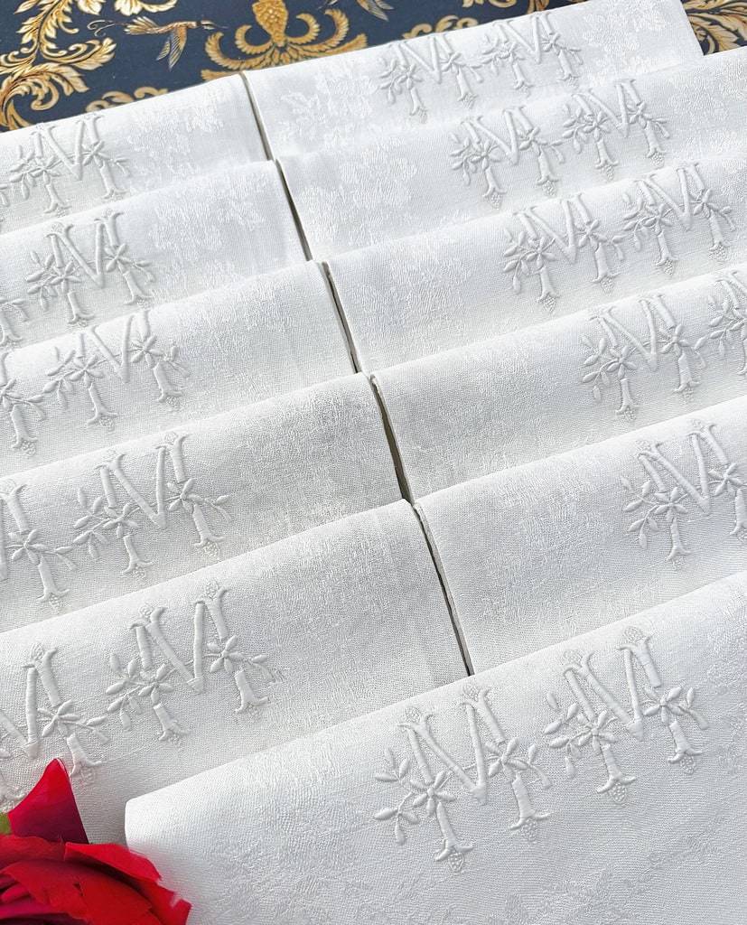 Serviettes de tables anciennes lin damasse initiales MM