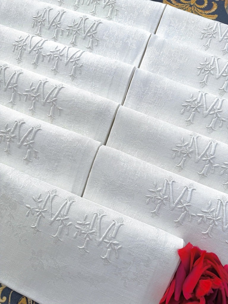 Linge ancien 11 serviettes de table damas de lin monogramme MM Antiquités