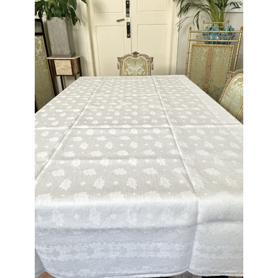 linge-de-table-ancien-nappe-lin-damasse-feuilles-de-chêne-broderie-blanche-diners-repas-fêtes-antiquite
