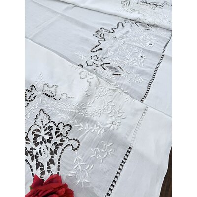 Découverte de drap ancien en fil de lin brodé main - Fin XIXème