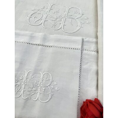 Ancienne parure de lit drap taie en lin Linge ancien