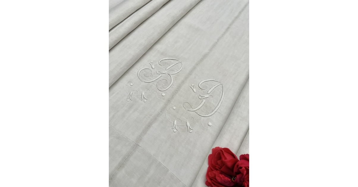 Drap ancien en fil de lin monogramme - Linge de maison