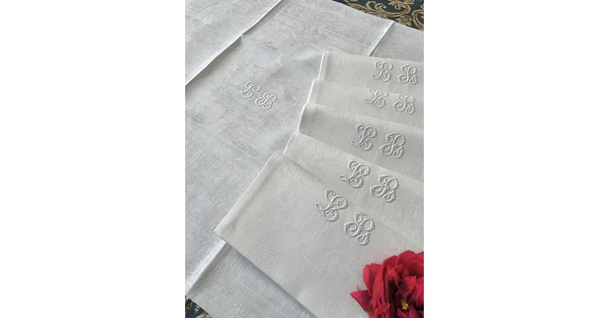 Lot De 2 Serviettes Anciennes Damassées - Motif Singe, Lin, Années 1920