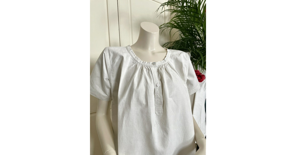 Ancienne Chemise De Nuit Lin Et Coton Brodée Main Monogrammée Années 50 Beige Clair