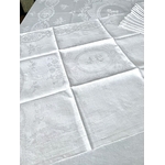 linge-ancien-nappe-serviettes-service-de-table-damas-de-lin-decor-fleur-semis-rubans-louis-xvi-brocante-shabby