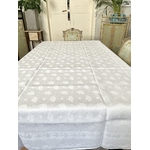 linge-de-table-ancien-nappe-lin-damasse-feuilles-de-chêne-broderie-blanche-diners-repas-fêtes-antiquite