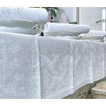 chasse-a-courre-lin-damasse-linge-de-table-ancien-service-12-couvert-theme-venerie-veneur-chiens-gibier-cor-gibeciere-antiquite-brocante-vintage-collection
