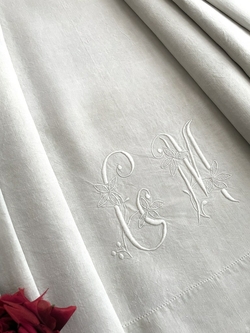 Ancienne Nappe Damassée Blanche 100% Coton Monogrammée LM - Rectangulaire