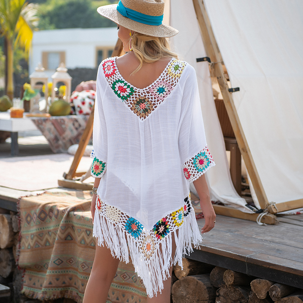 Robe-de-plage-blanche-avec-franges-Cover-Up-Sexy-ajour-tunique-costume-de-bain-t-2021