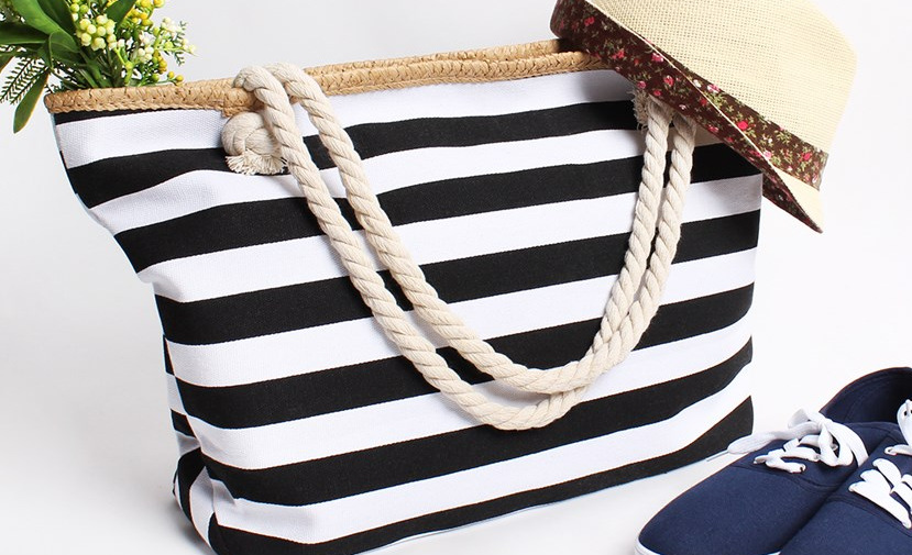 Sac-fourre-tout-en-toile-Extra-Large-sac-de-plage-voyage-pique-nique-Navi-rayures-blanches
