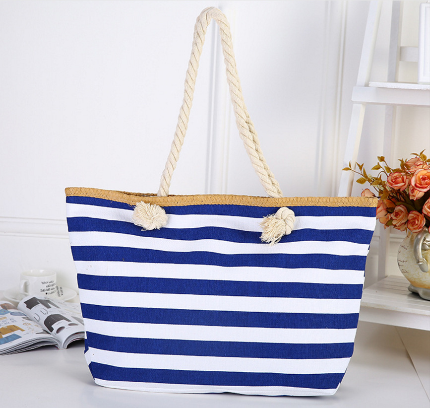 Sac-fourre-tout-en-toile-Extra-Large-sac-de-plage-voyage-pique-nique-Navi-rayures-blanches