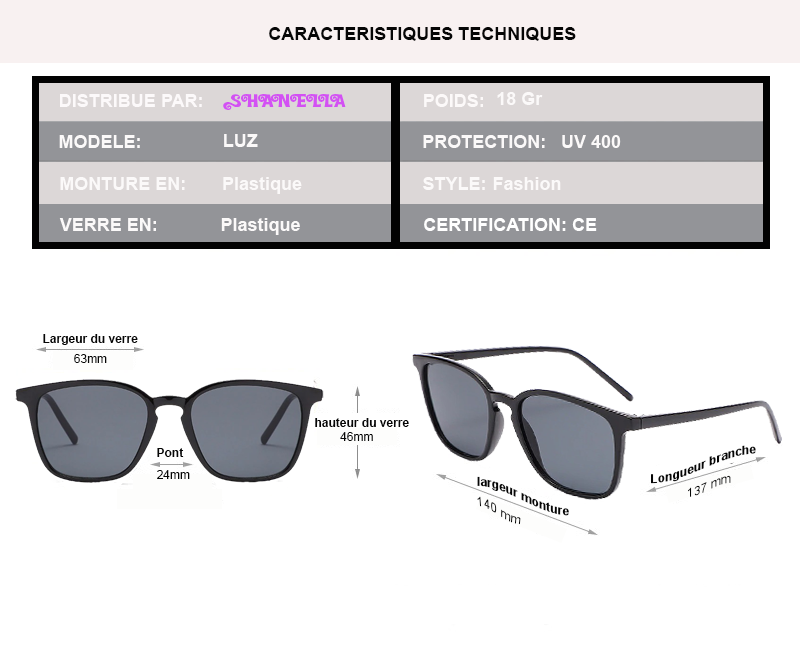 caractristique technique pour les lunettes LUZ