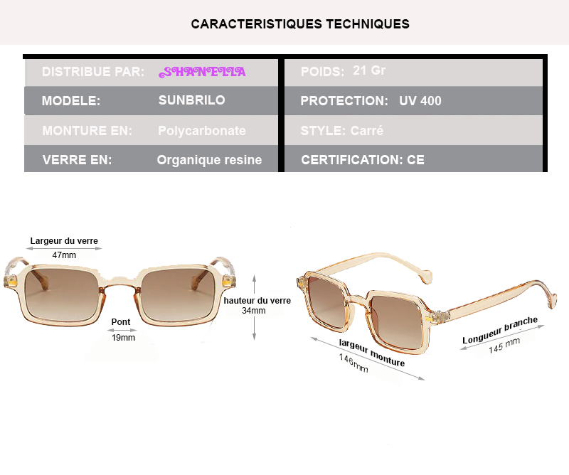 caractristique technique pour les lunettes SUNBRILO