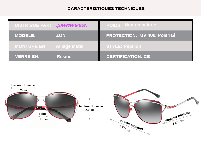 caractristique technique pour les lunettes ZON