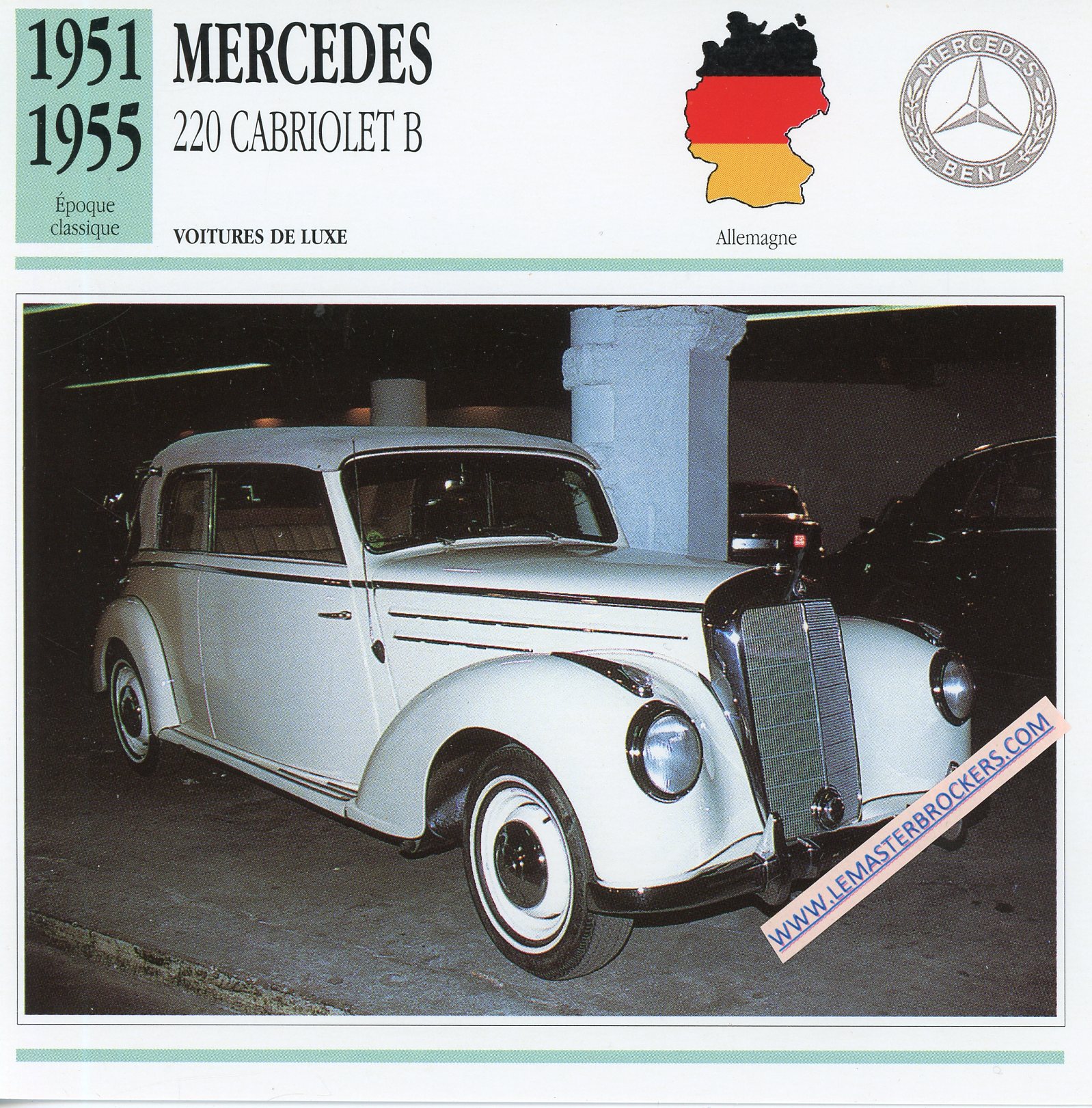 FICHE-AUTO-ATLAS-MERCEDES-BENZ-220-CABRIOLET-B-1951-1955-LEMASTERBROCKERS-CARD-CARS