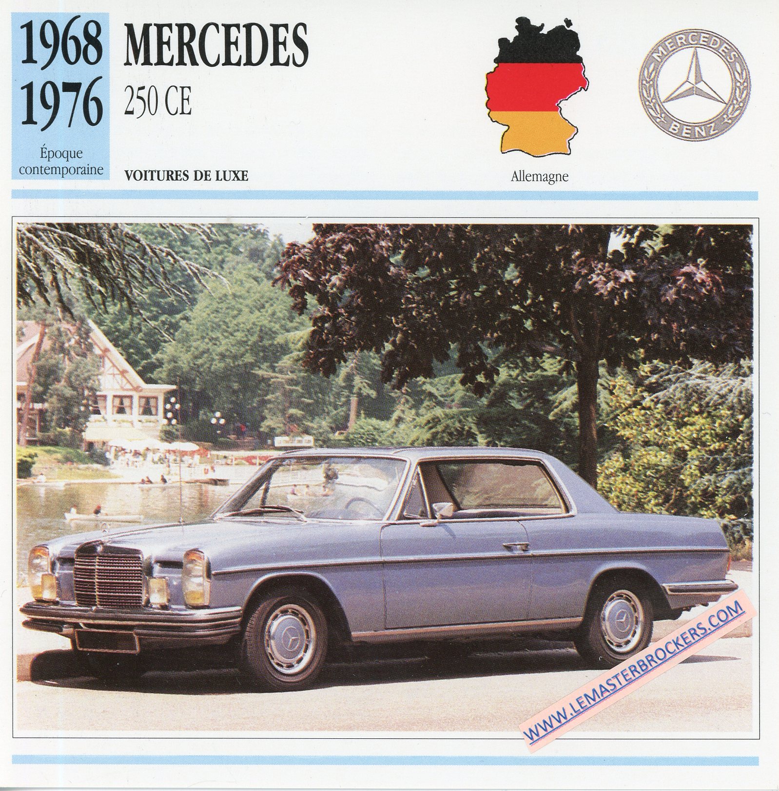 FICHE-AUTO-MERCEDES-250CE-250-1968-1976-LEMASTERBROCKERS-CARD-CARS
