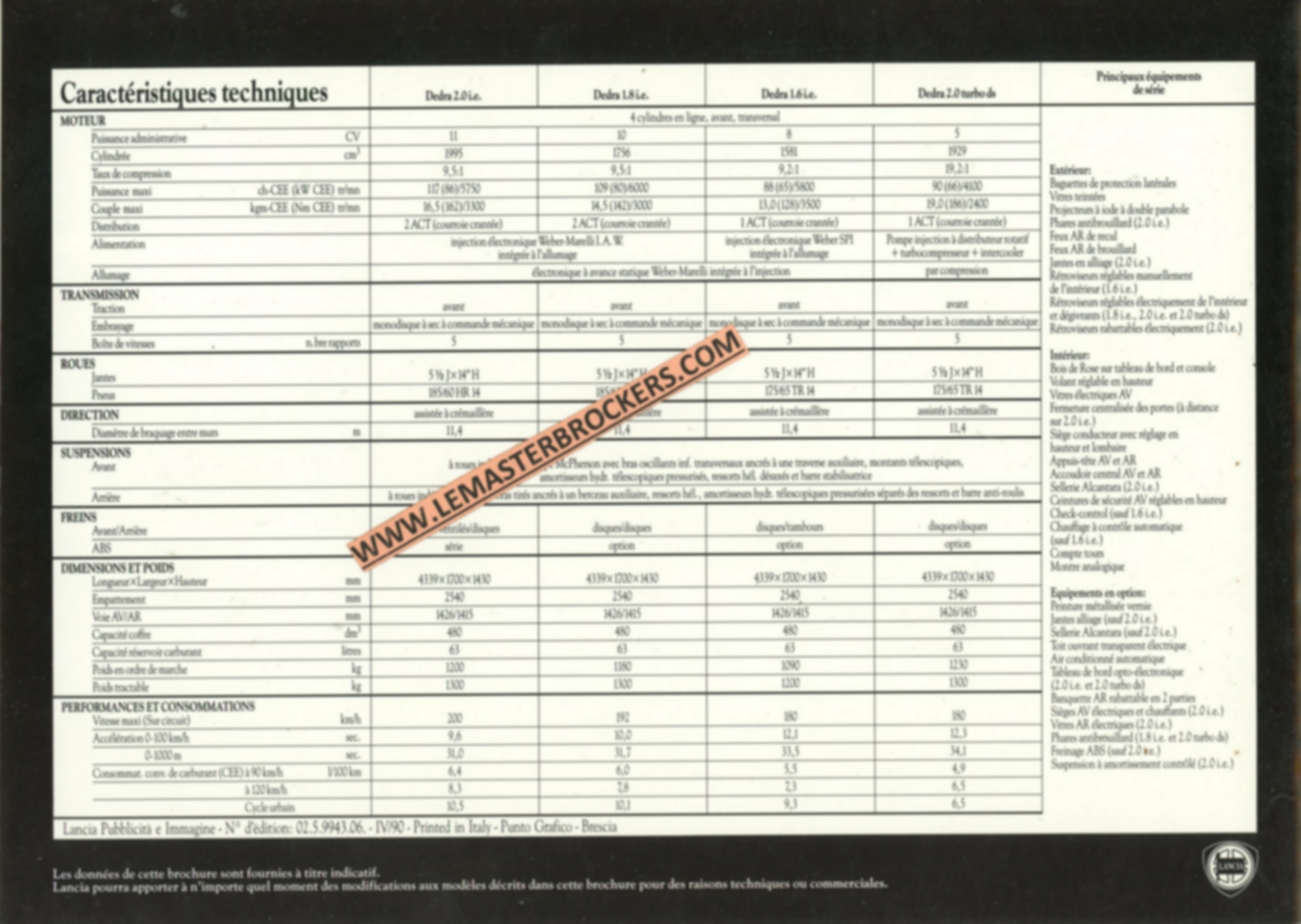 BROCHURE-LANCIA-DEDRA-TURBO-DS-IE-LEMASTERBROCKERS-CATALOGUE-AUTO