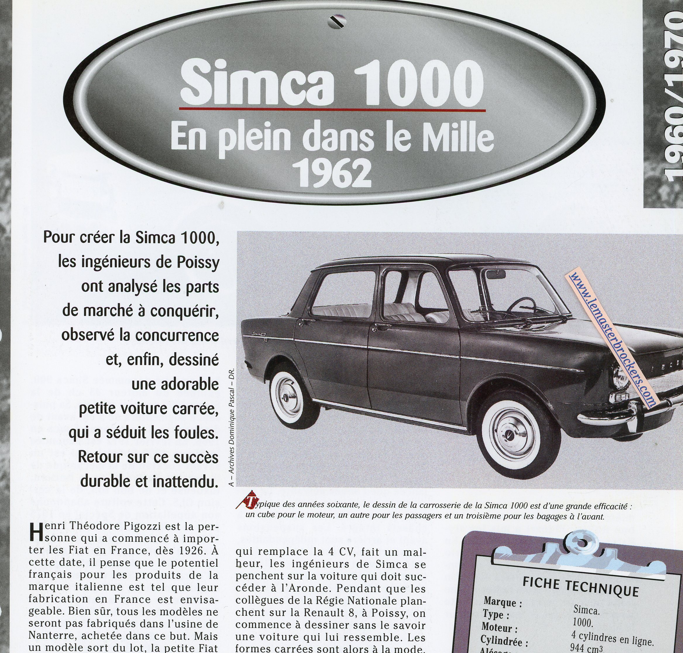 SIMCA 1000 1962 FICHE TECHNIQUE VOITURE