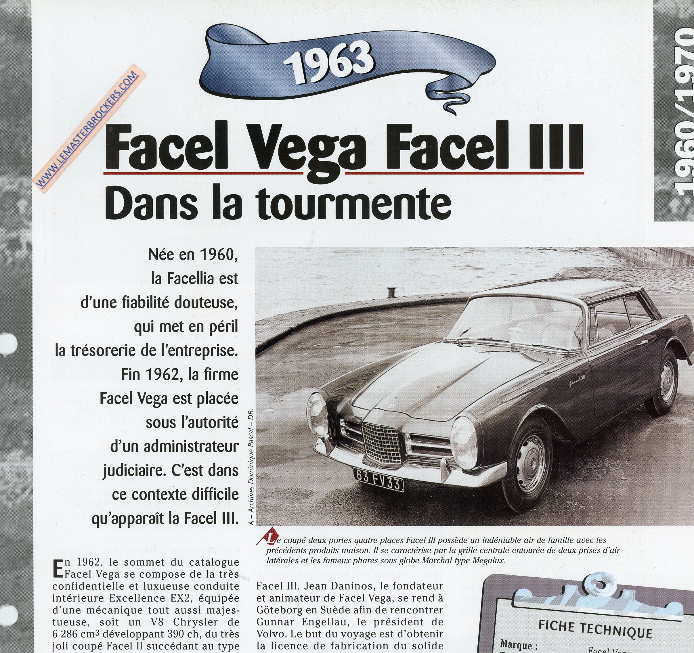 FACEL-VEGA-III-1963-FICHE-TECHNIQUE-LEMASTERBROCKERS-CARS-CARD