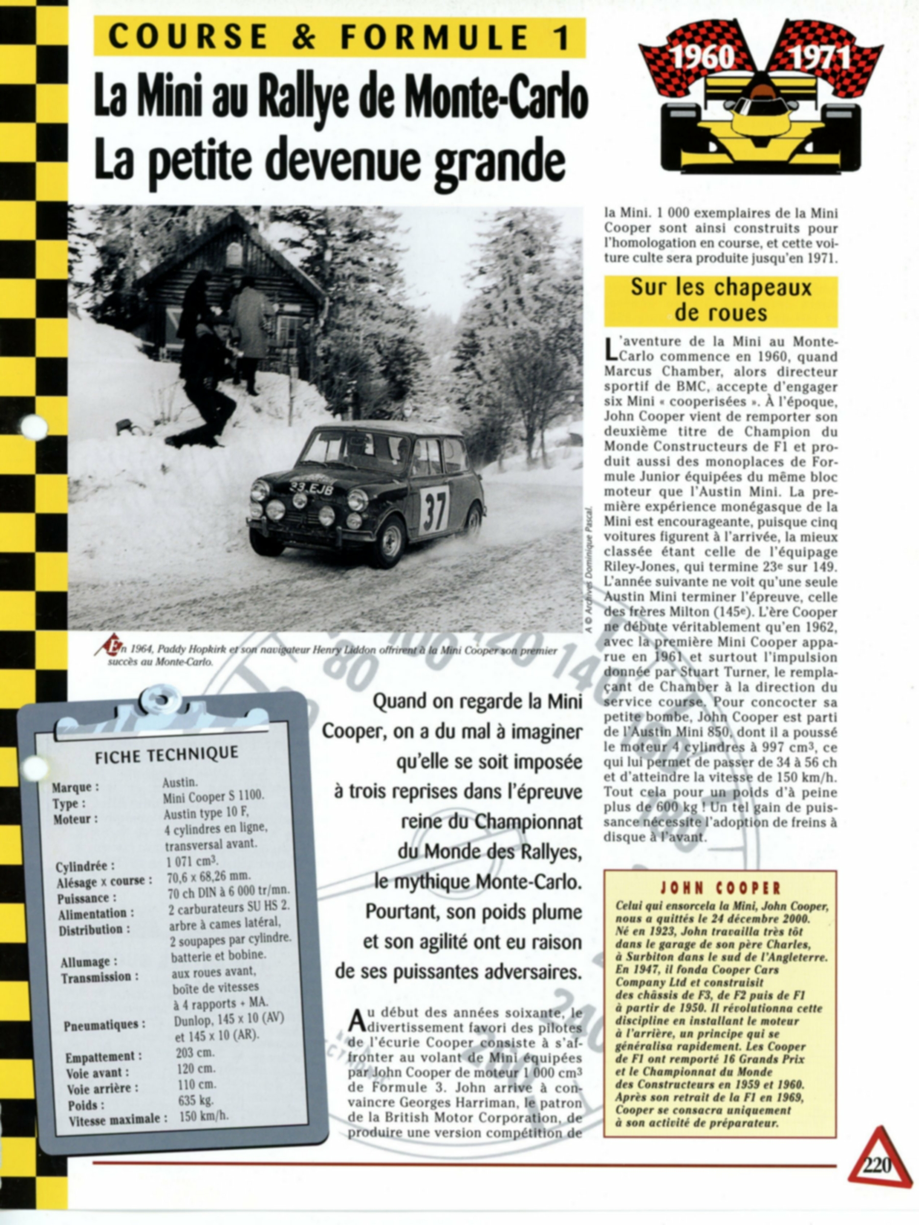 MINI AU RALLYE DE MONTE-CARLO - FICHE TECHNIQUE MINI COOPER S 1100 TYPE 10 F 1960-1971