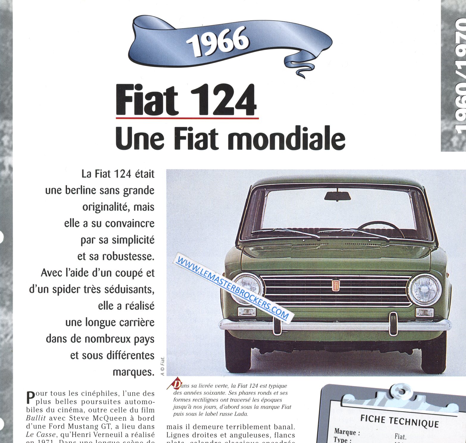 FIAT 124 FICHE AUTO TECHNIQUE LEMASTERBROCKERS