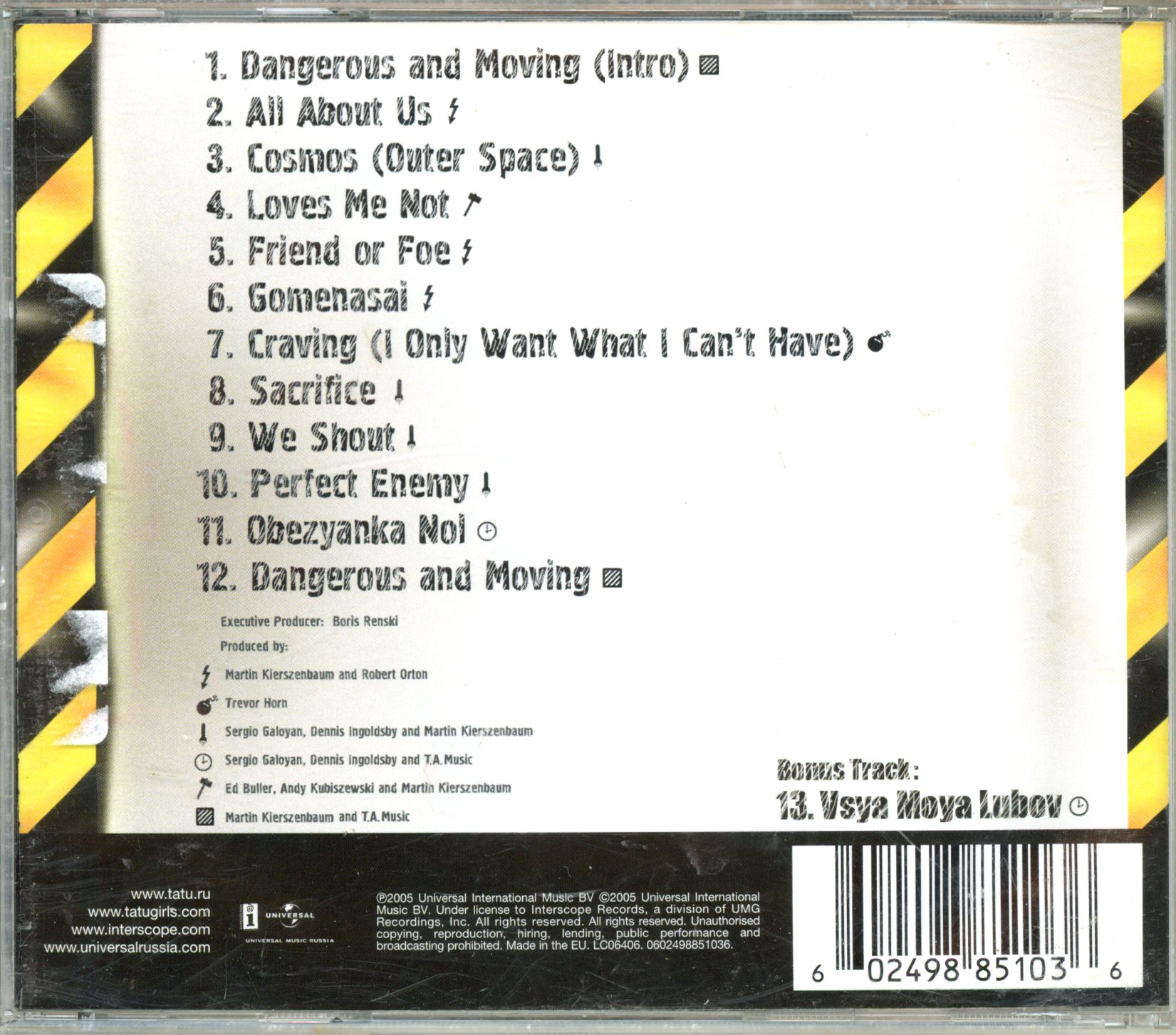 TATU DANGEROUS AND MOVING CD 602498851036 LEMASTERBROCKERS