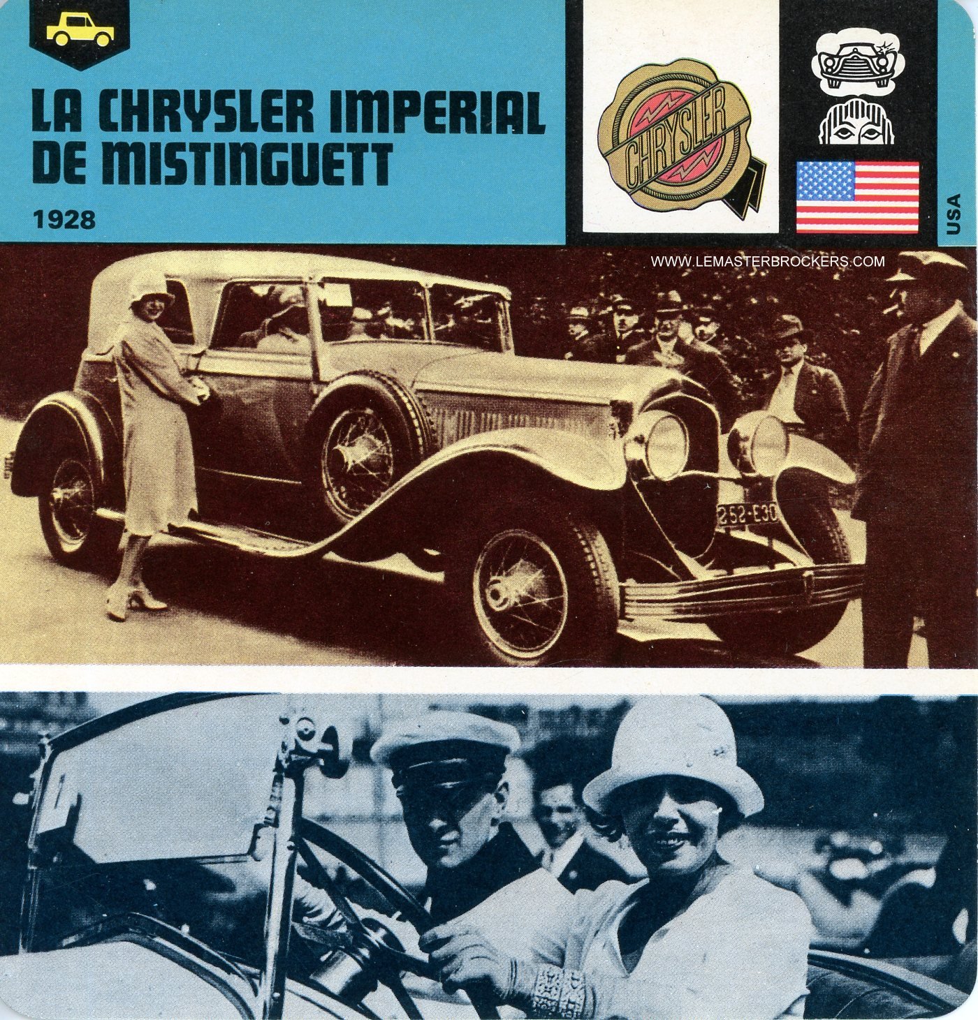 FICHE CHRYSLER IMPERIAL DE MISTINGUETT 1928 CARS CARD LEMASTERBROCKERS