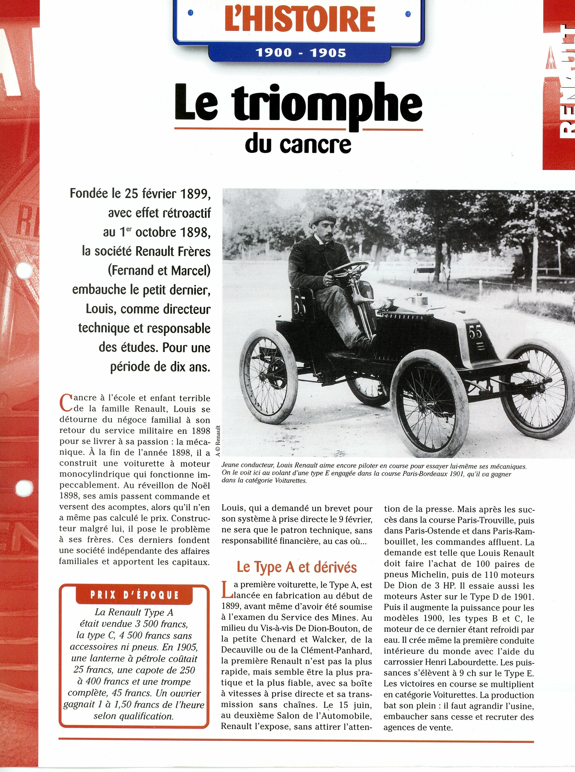 FICHE AUTO RENAULT L\'HISTOIRE 1900-1905