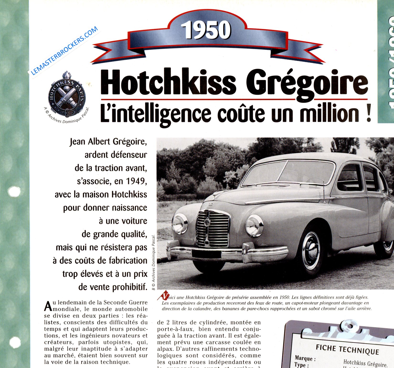 FICHE HOTCHKISS GREGOIRE 1950 - FICHE AUTO