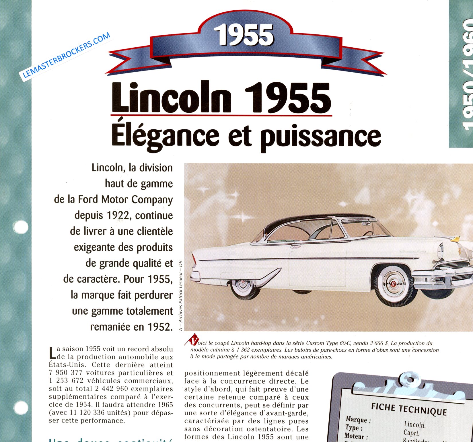 FICHE LINCOLN CAPRI 1955