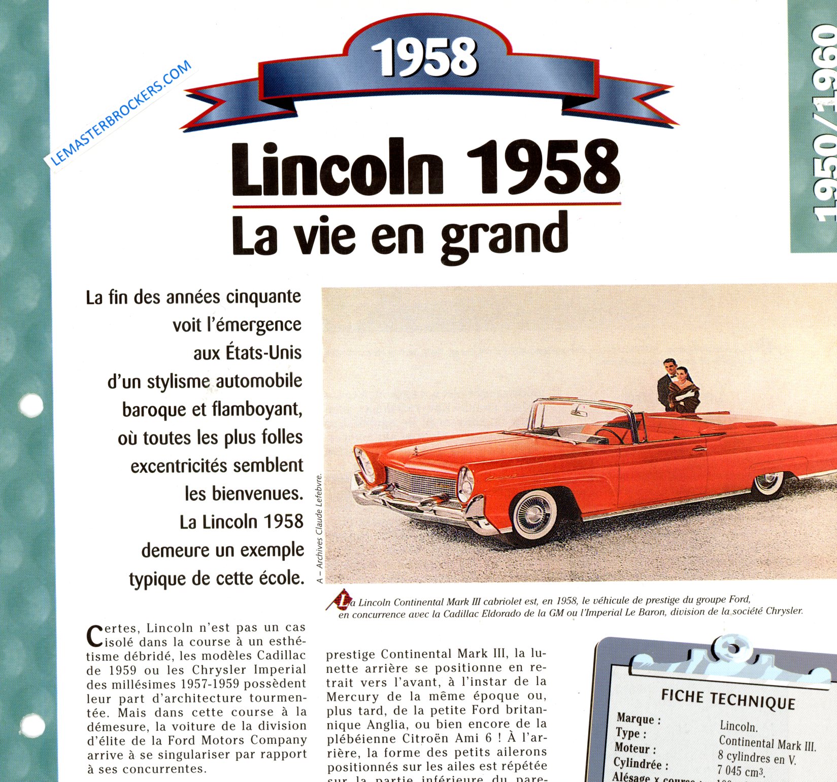 FICHE LINCOLN CONTINENTAL 1958