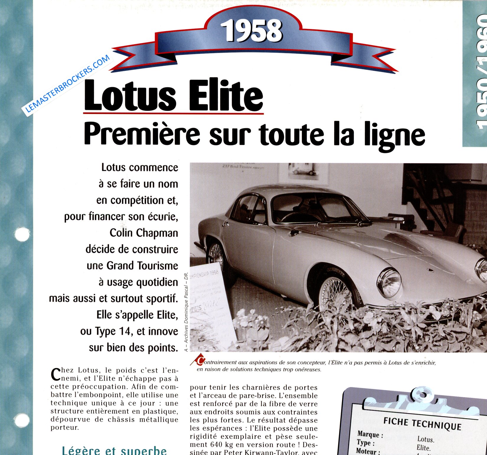 FICHE LOTUS ELITE 1958