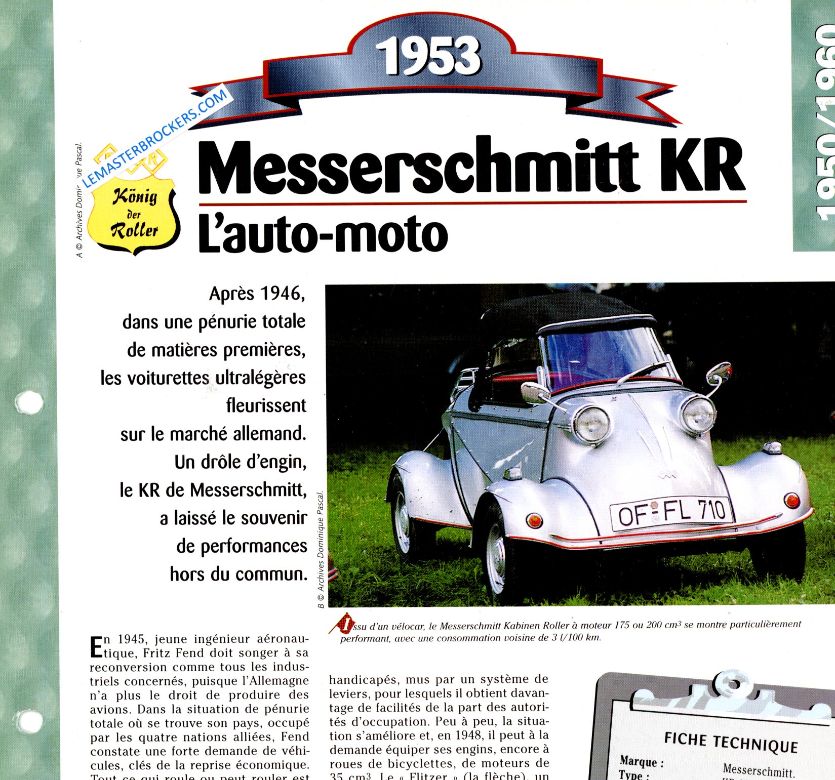FICHE MESSERSCHMITT KR 175 1953 AUTO-MOTO