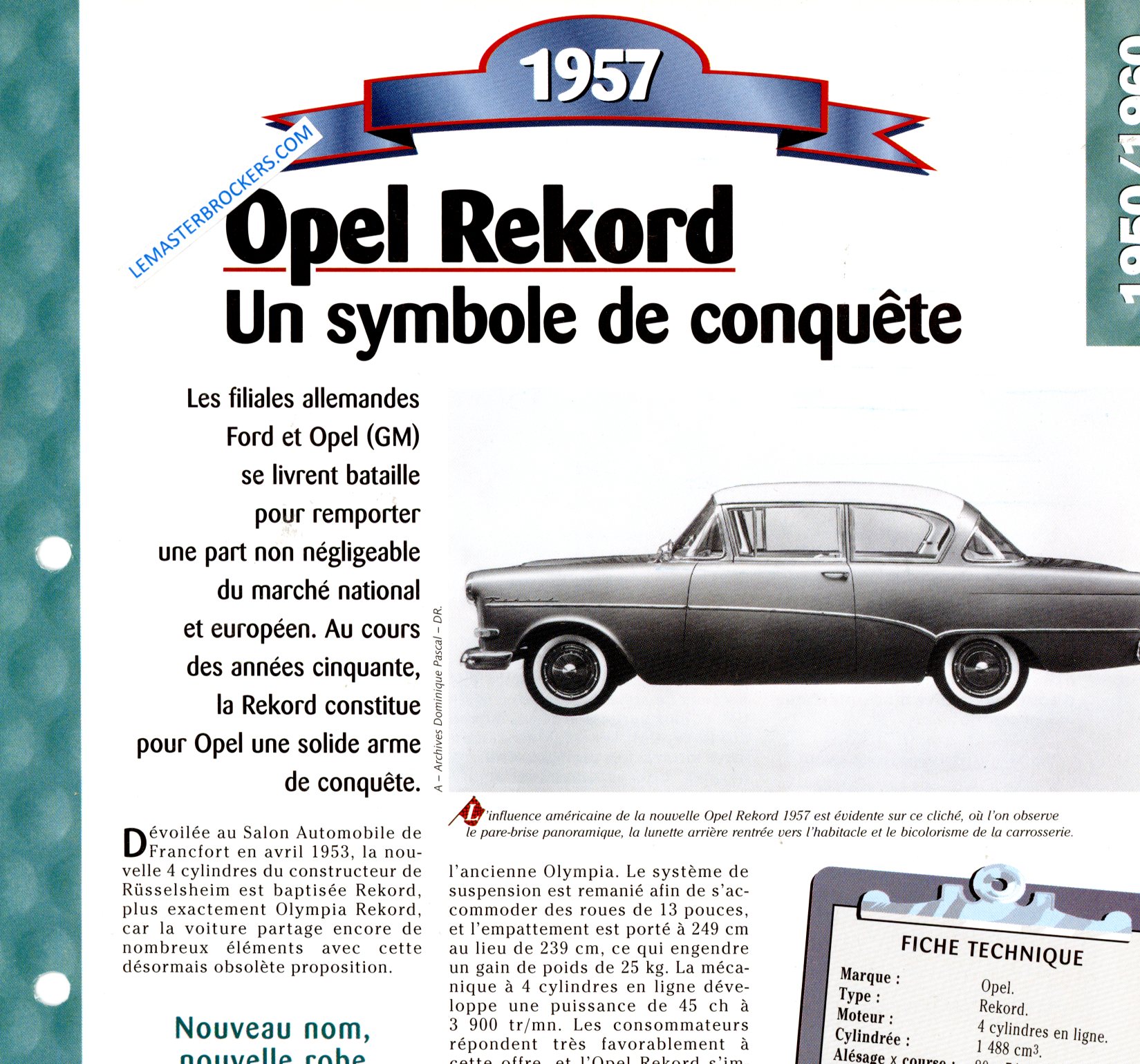FICHE OPEL REKORD 1957