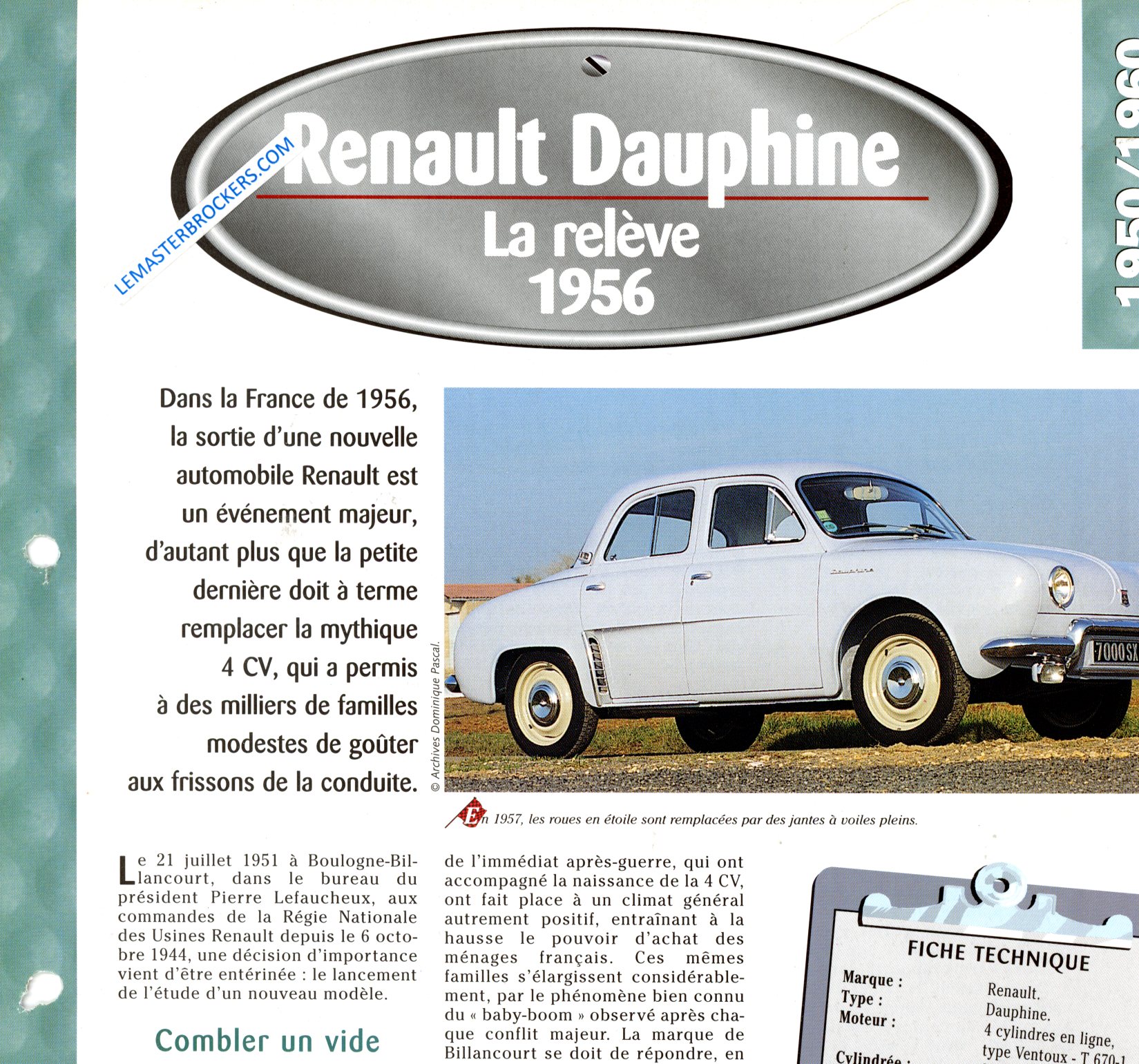 FICHE RENAULT DAUPHINE 1956 - FICHES AUTO - LEMASTERBROCKERS