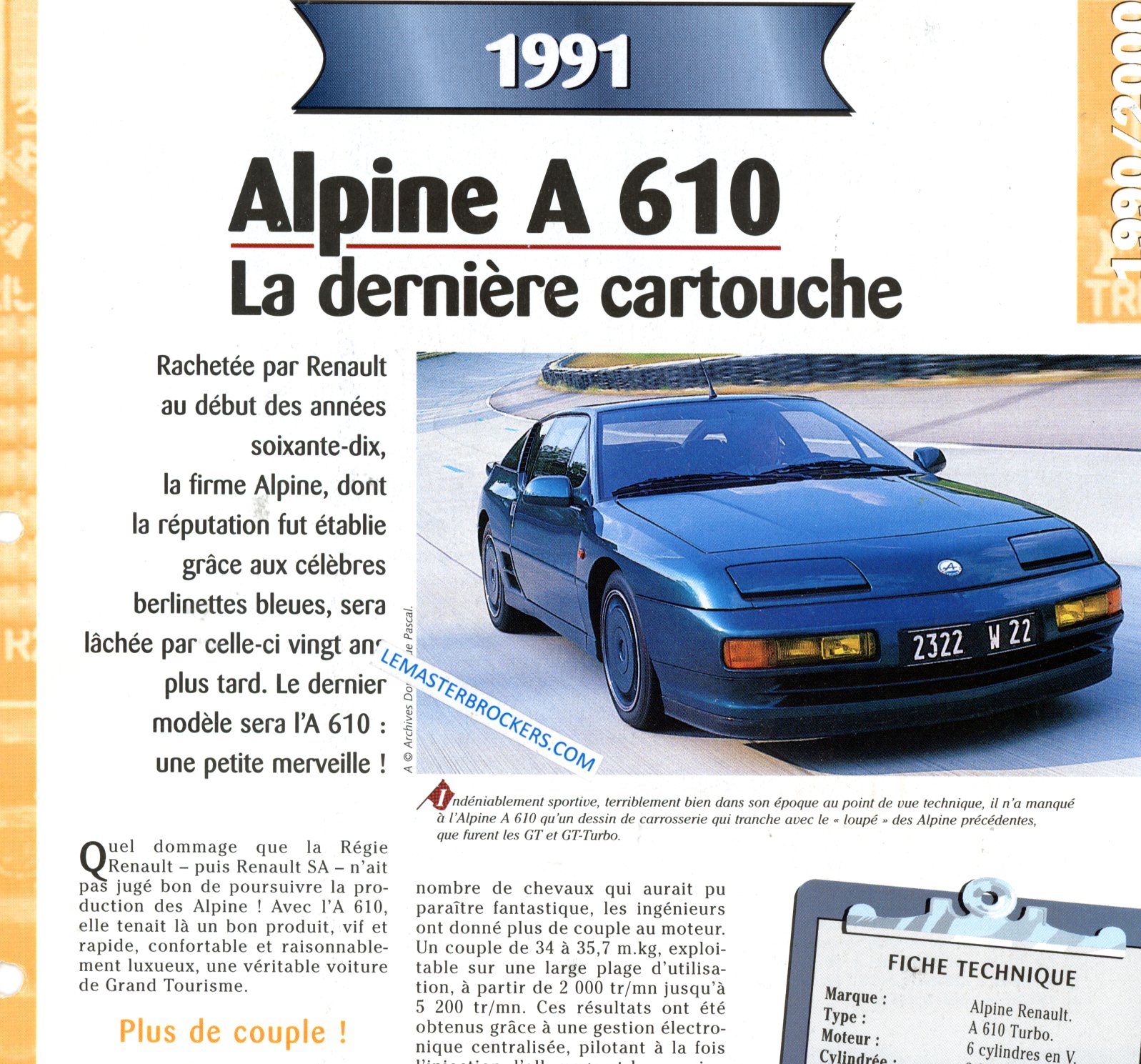 RENAULT ALPINE A 610 1991 FICHE TECHNIQUE A610 TURBO