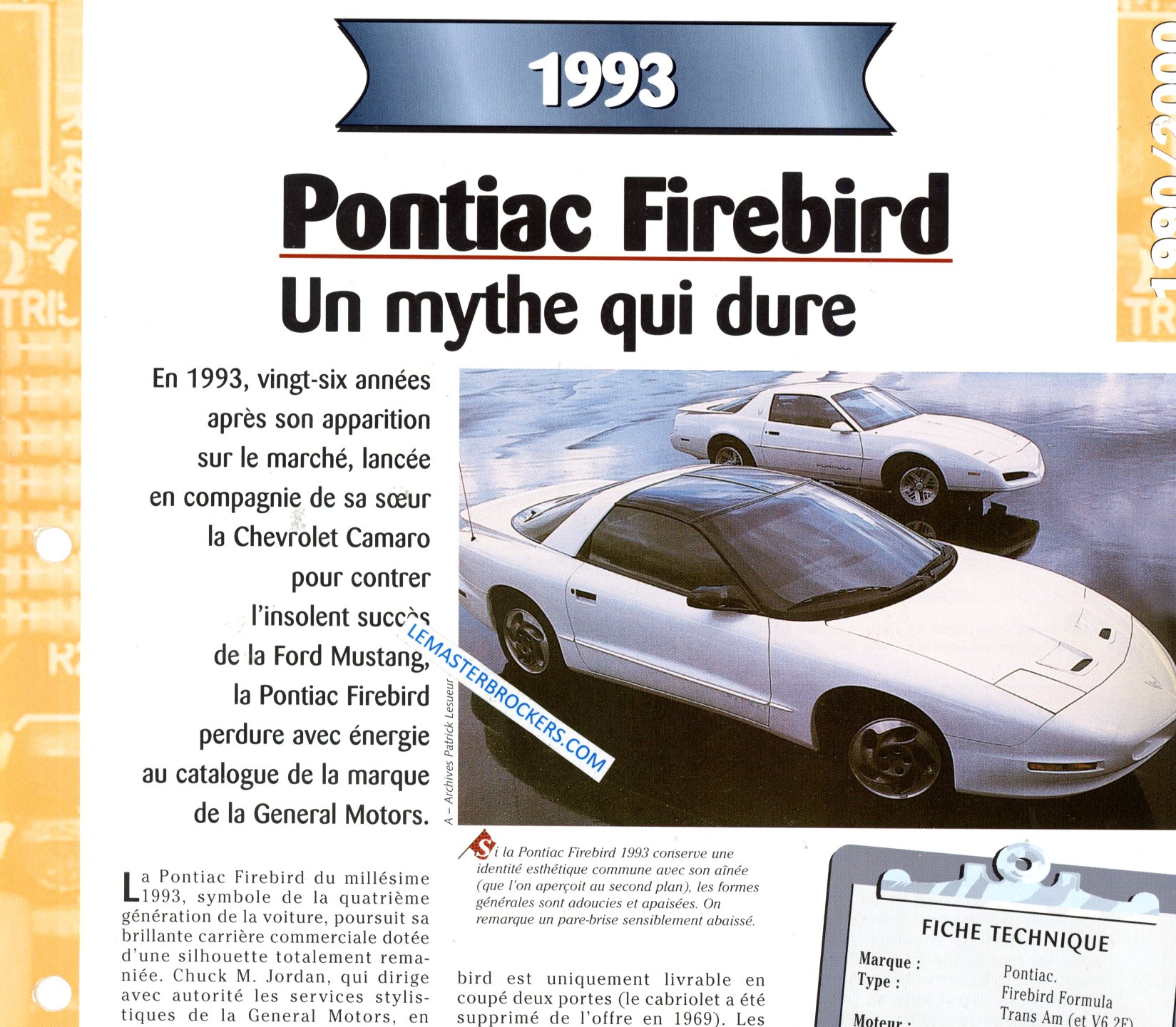 FICHE TECHNIQUE PONTIAC FIREBIRD FORMULA 1993
