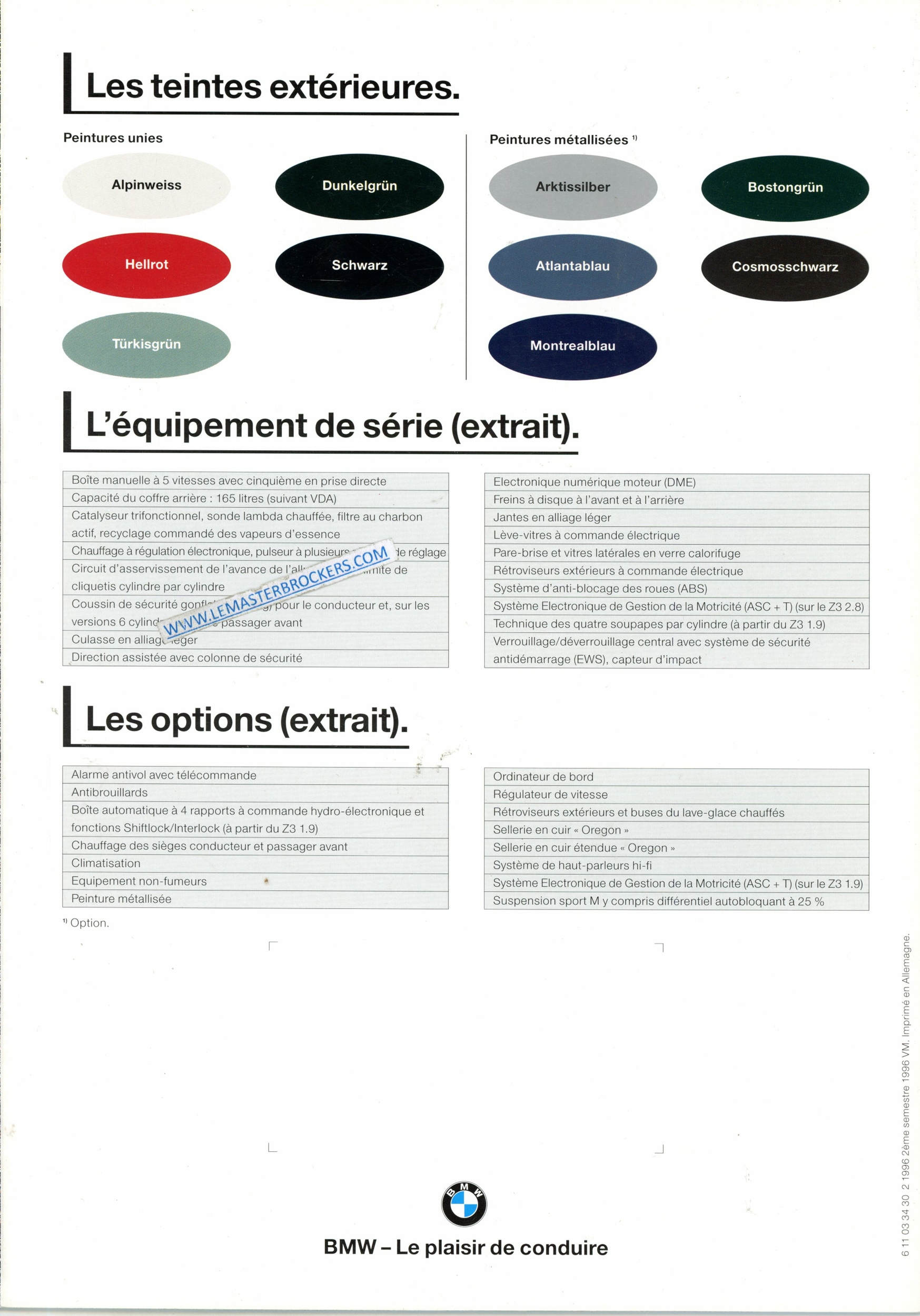 BROCHURE Z3 ROADSTER 1.8 1.9 2.8 M 1996 BMW Z3