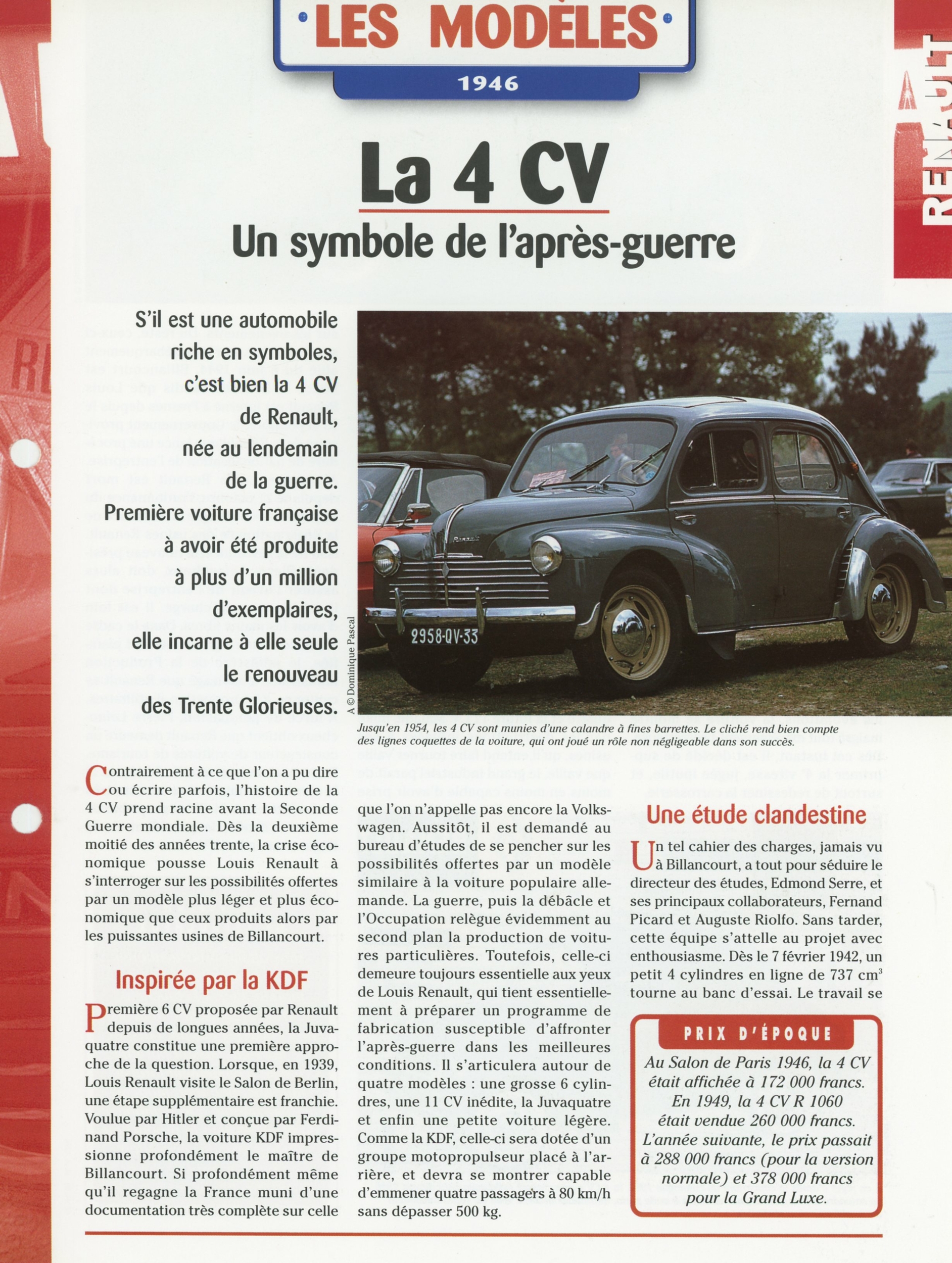 RENAULT 4CV - LES MODÈLES 1946 - FICHE AUTO HACHETTE