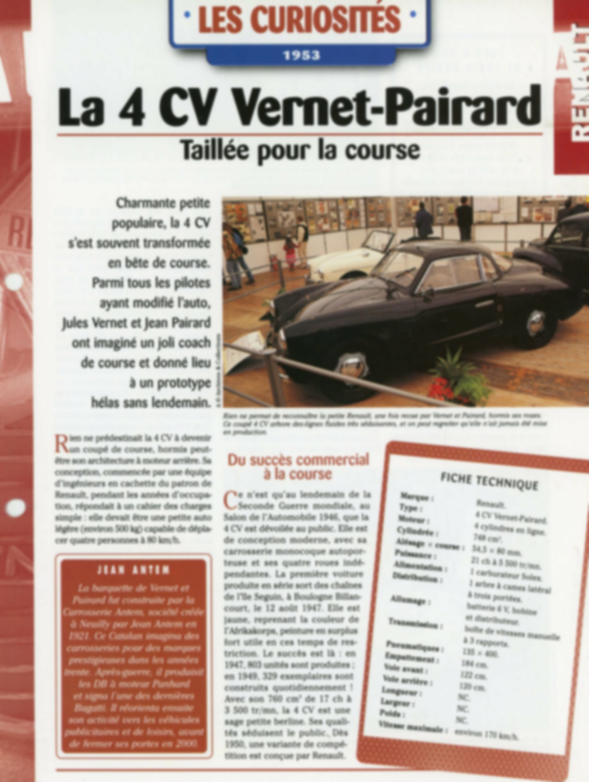 RENAULT 4CV VERNET-PAIRARD - FICHE AUTO HACHETTE LES CURIOSITÉS 1953