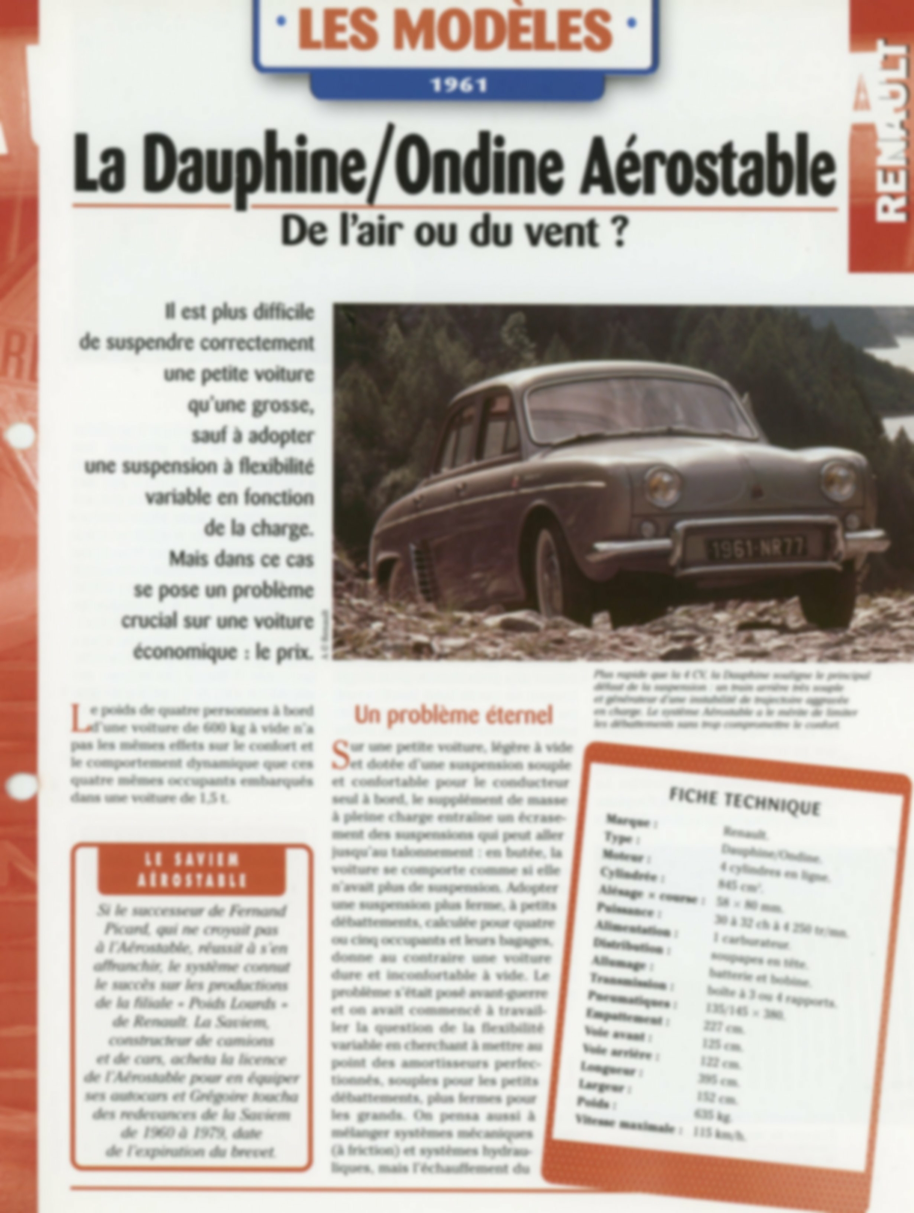 RENAULT DAUPHINE ONDINE AÉROSTABLE - LES MODÈLES 1961 - FICHE AUTO HACHETTE