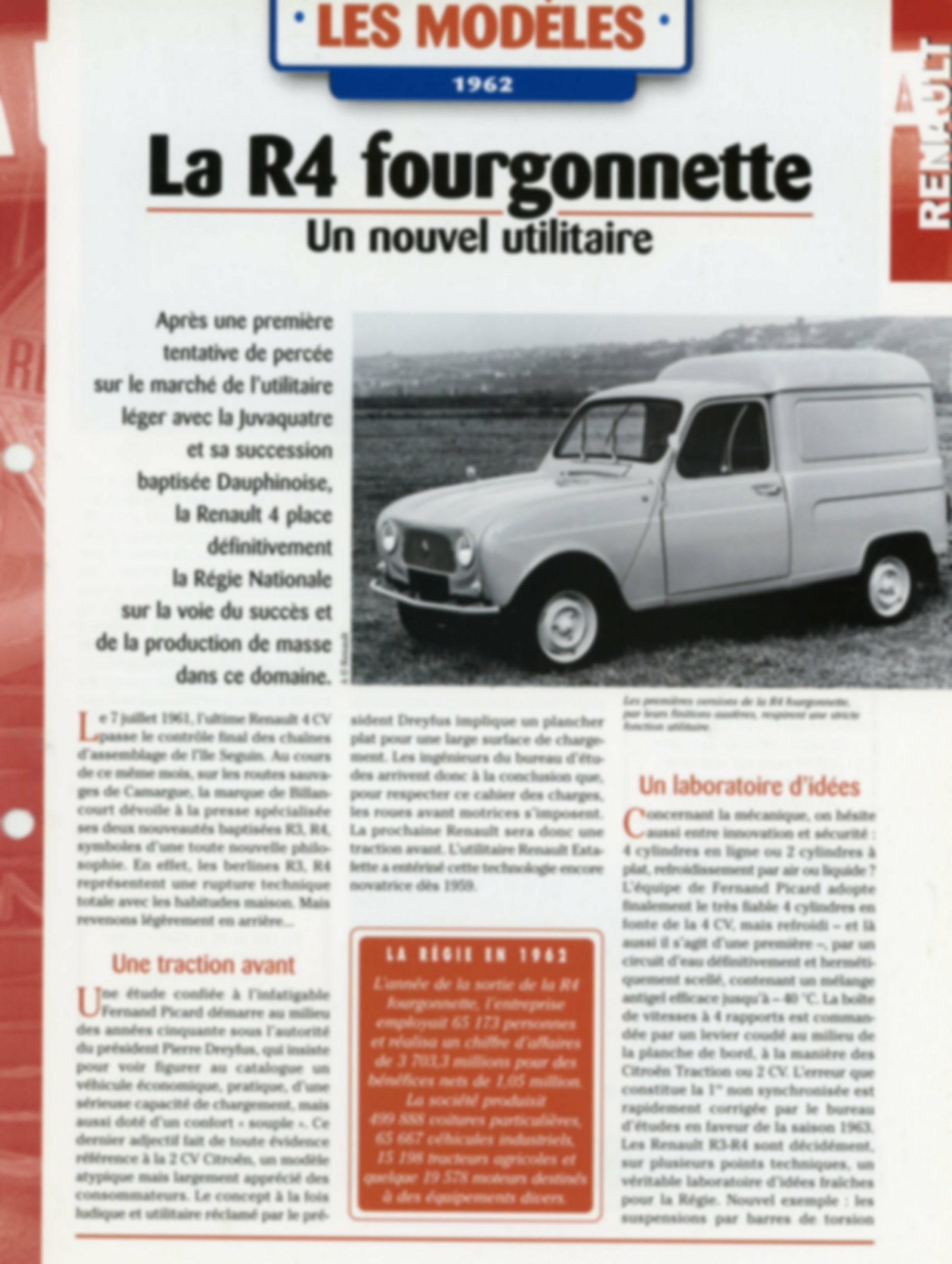 RENAULT R4 FOURGONNETTE UTILITAIRE - LES MODÈLES 1962 - FICHE AUTO HACHETTE