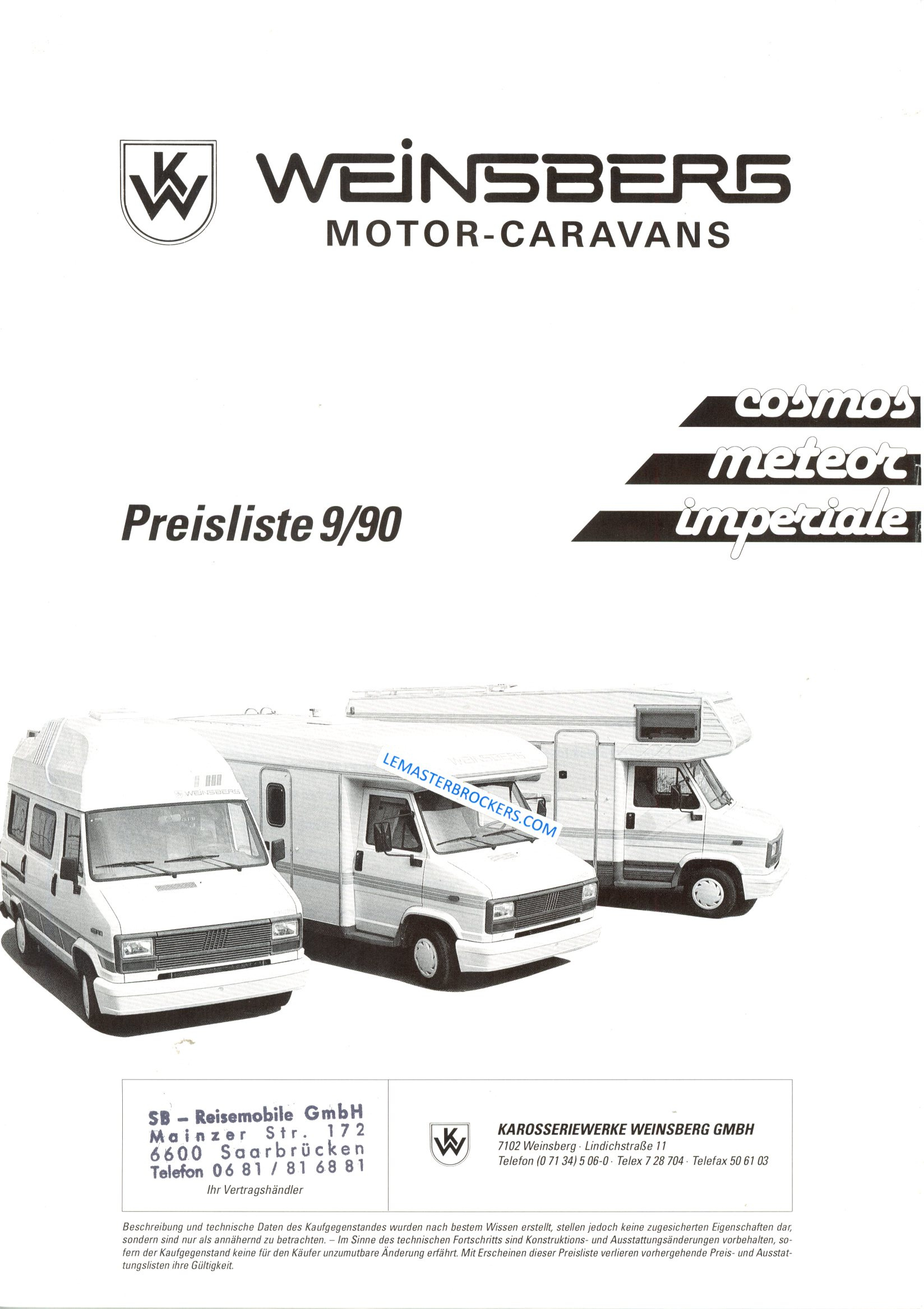 WEINSBERG COMOS METEOR IMPERALE DE 1990 BROCHURE CAMPING-CAR