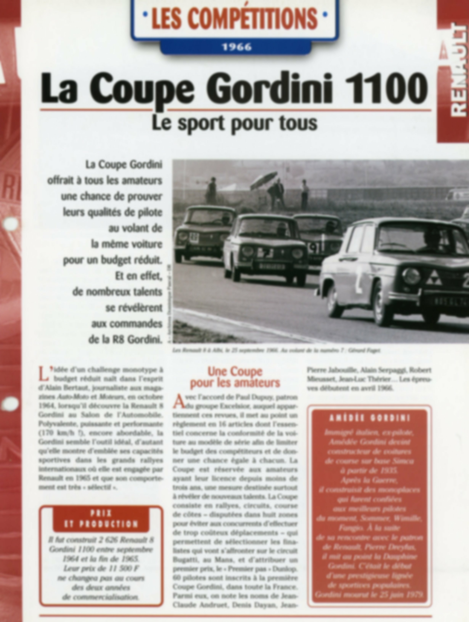 RENAULT COUPE GORDINI 1100 - LES COMPÉTTIONS  1966 - FICHE AUTO HACHETTE