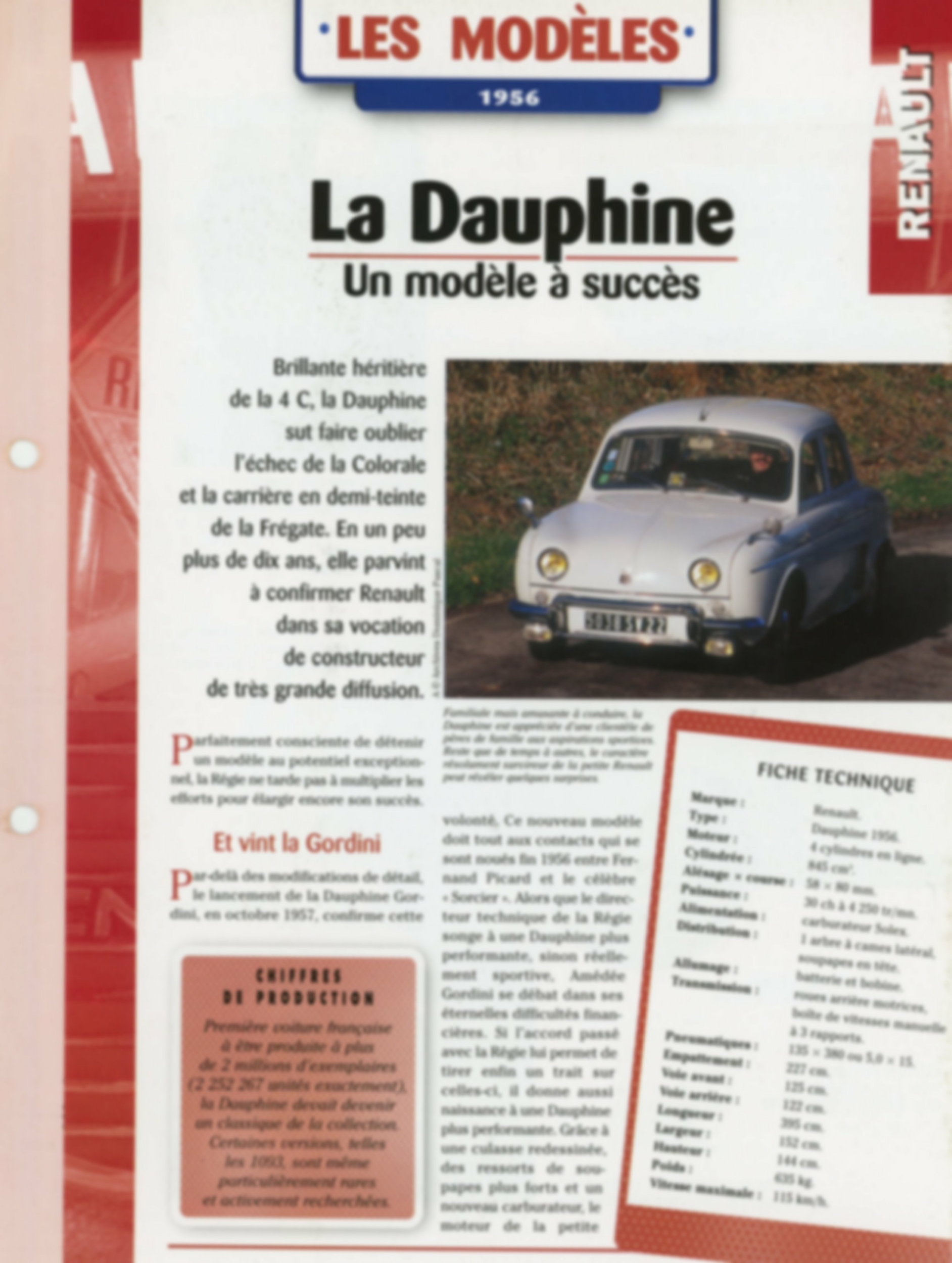 RENAULT DAUPHINE - LES MODÈLES 1956 - FICHE AUTO DE 4 PAGES