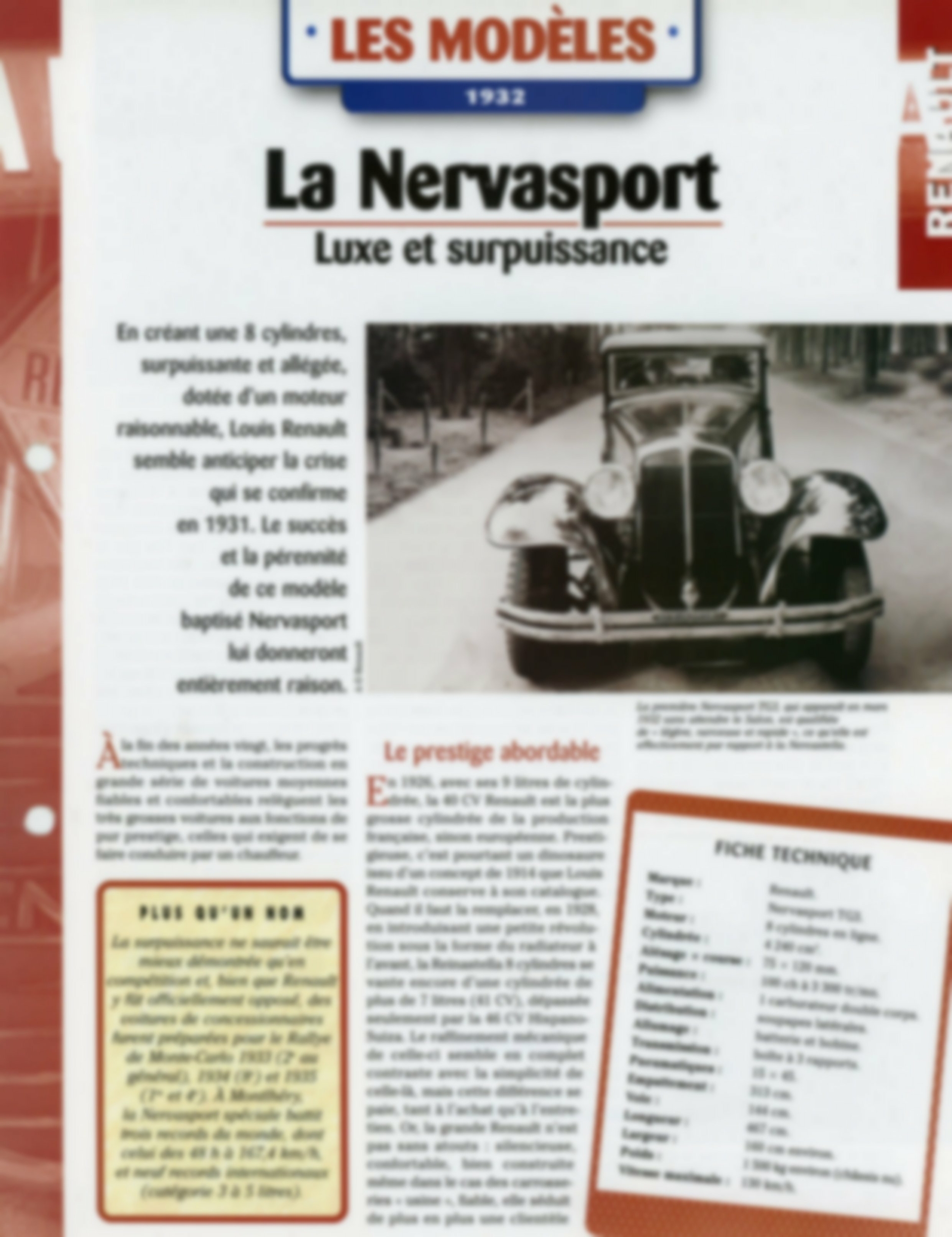 FICHE RENAULT NERVASPORT - LES MODÈLES 1932 - FICHE AUTO HACHETTE