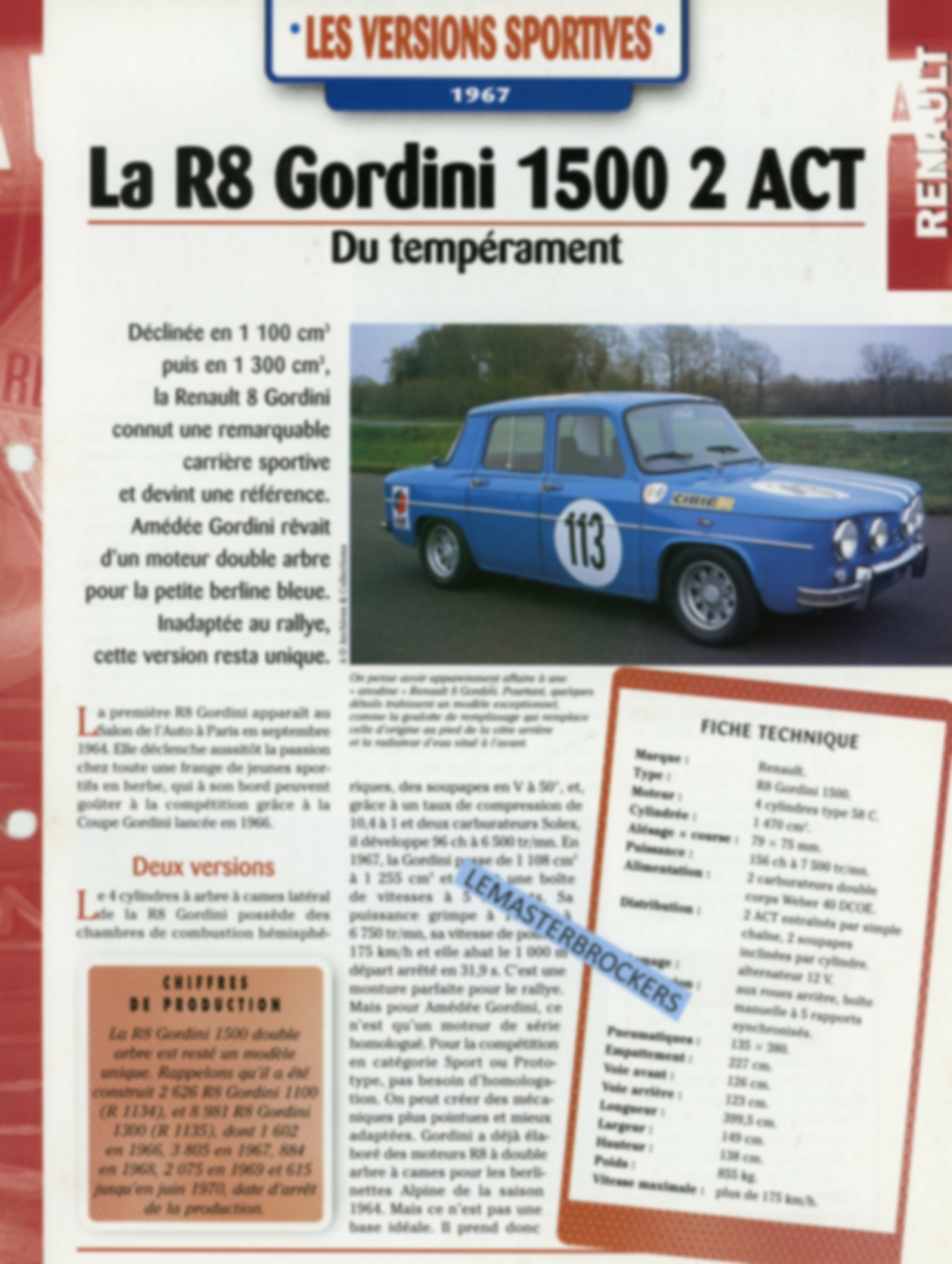 RENAULT 8 GORDINI 1500 2 ACT - LES VERSIONS SPORTIVES 1967 - FICHE AUTO HACHETTE