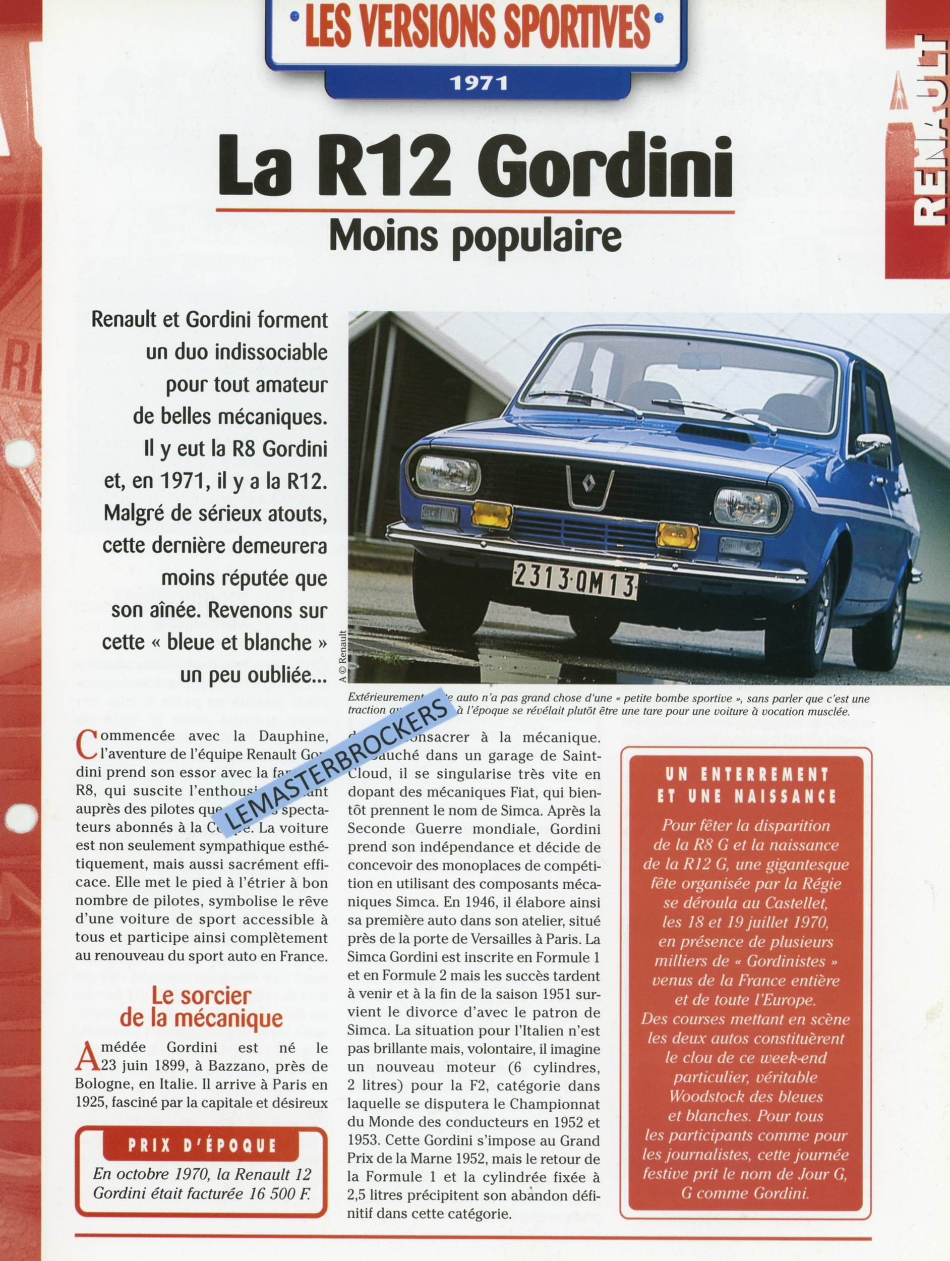 RENAULT 12 GORDINI - LES VERSIONS SPORTIVES  1971 - FICHE R12 AUTO HACHETTE