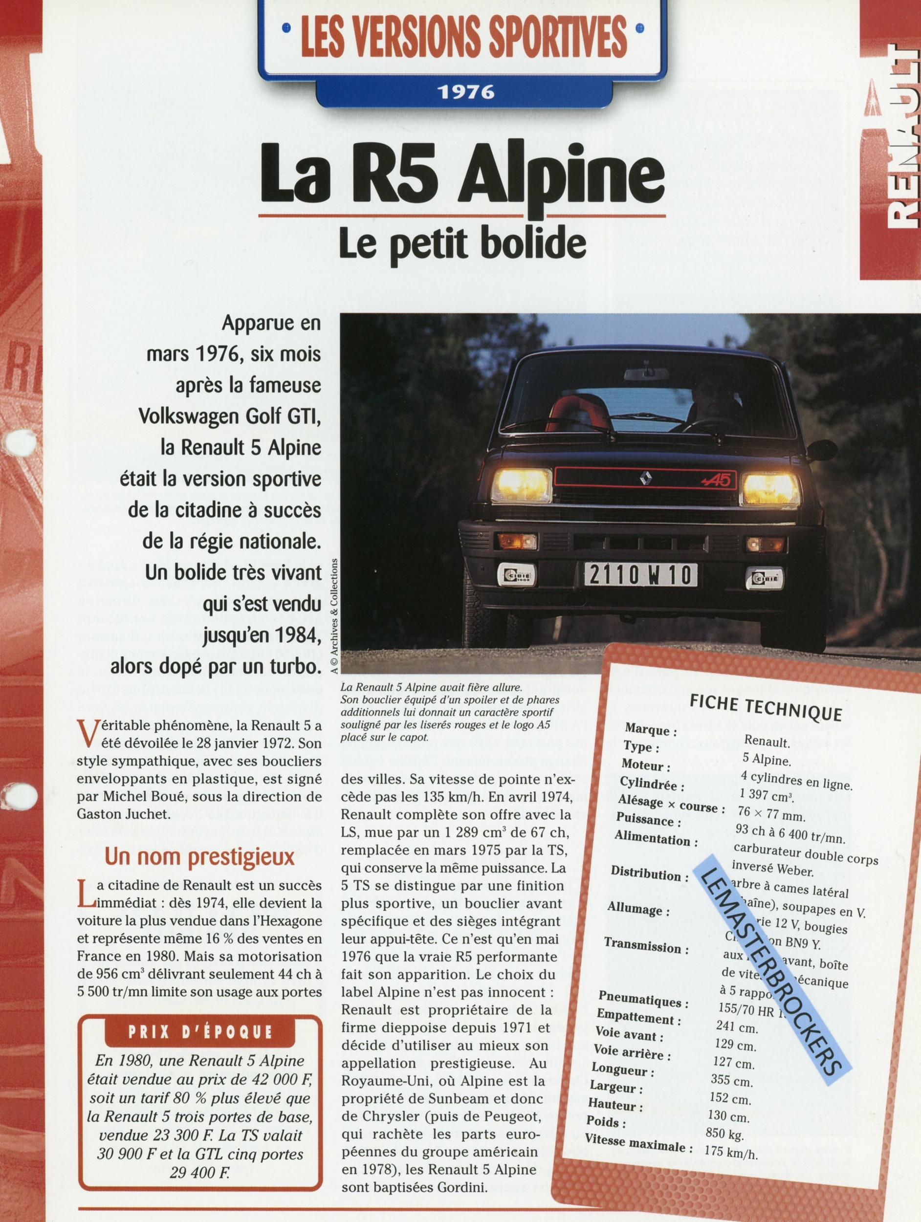 RENAULT 5 ALPINE R5 - LES VERSIONS SPORTIVES 1976 - FICHE  AUTO HACHETTE