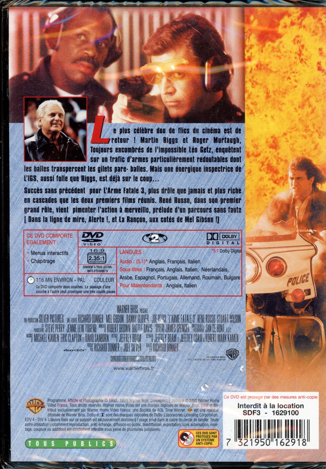 L ARME FATALE 3 AVEC MEL GIBSON DANNY GLOVER DVD NEUF 7321950162918